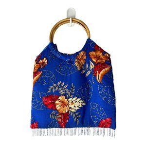 Beaded Fringed Wooden Handle Tropical Floral Print Handbag